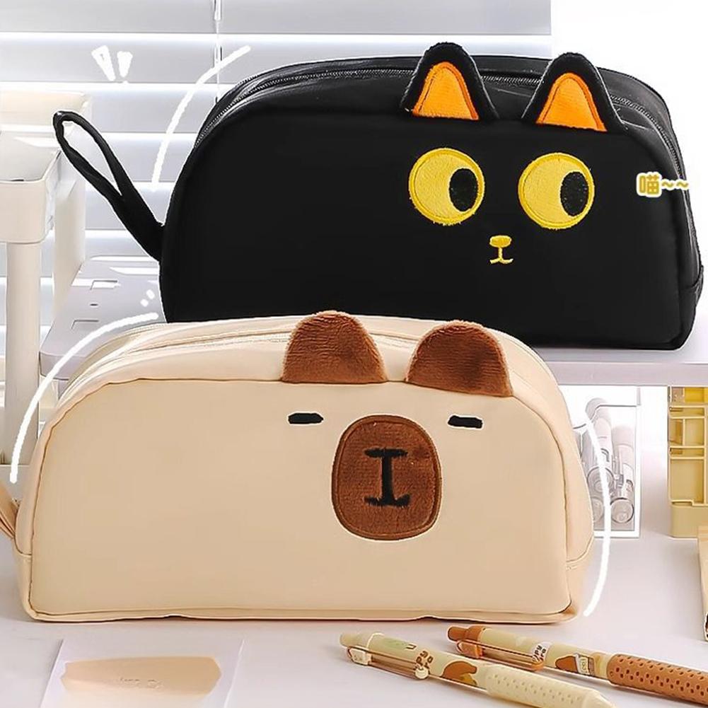 Cute Cartoon Plush Ears Cat Stationery Bag Large Capacity High Beauty Design Pen Bag Simple Storage Bag Gifts School Supplies