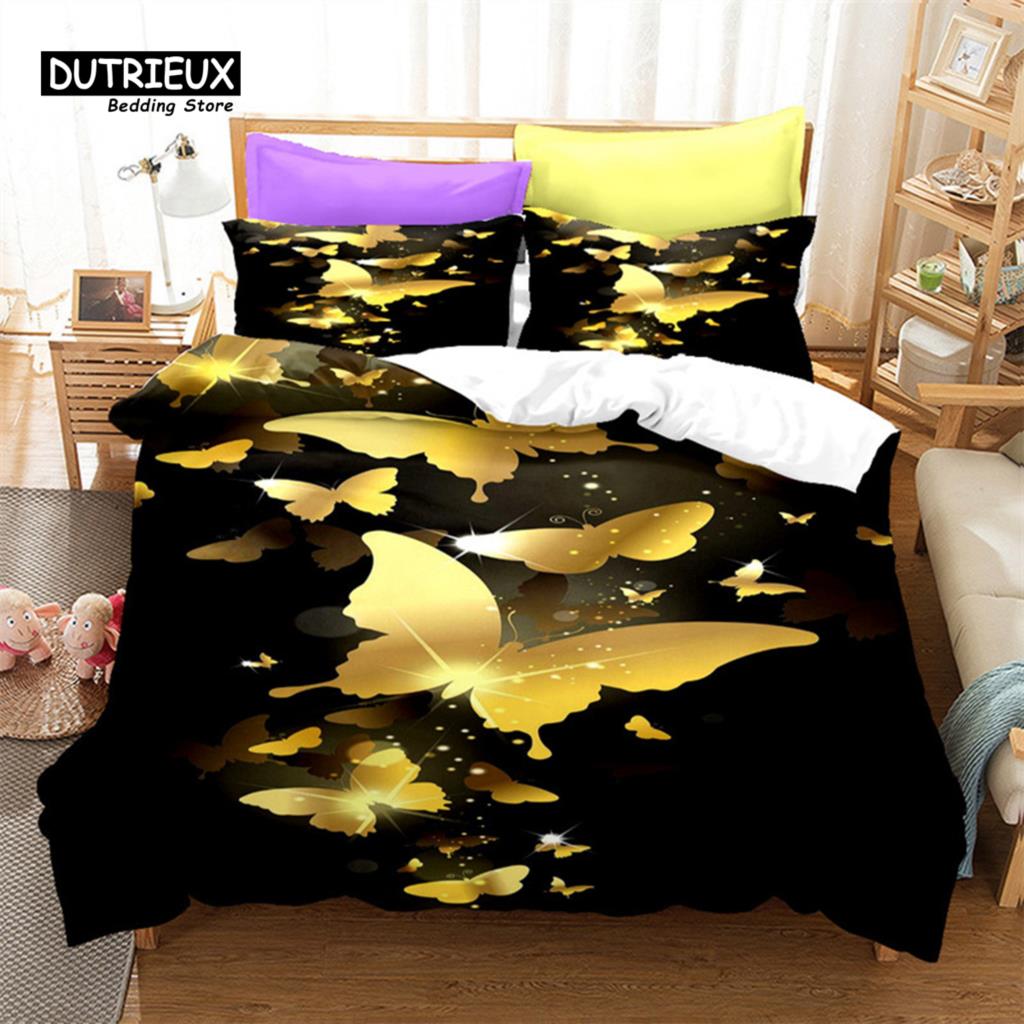 Comforter Golden Butterfly And Floral Bedding Set Queen Print Black For Kids Girls Boys Adults Bedroom Decor