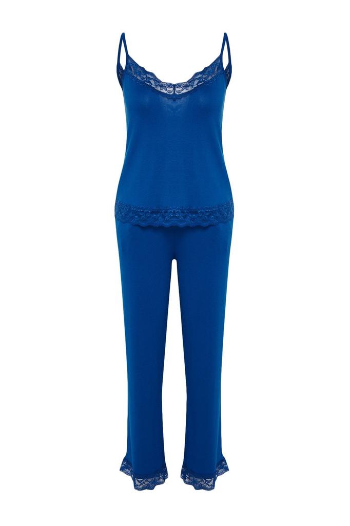 Women's Fashion Blue Lace and Ribbon Bow Detailed Viscose Knitted Pajama Set with Rope Strap