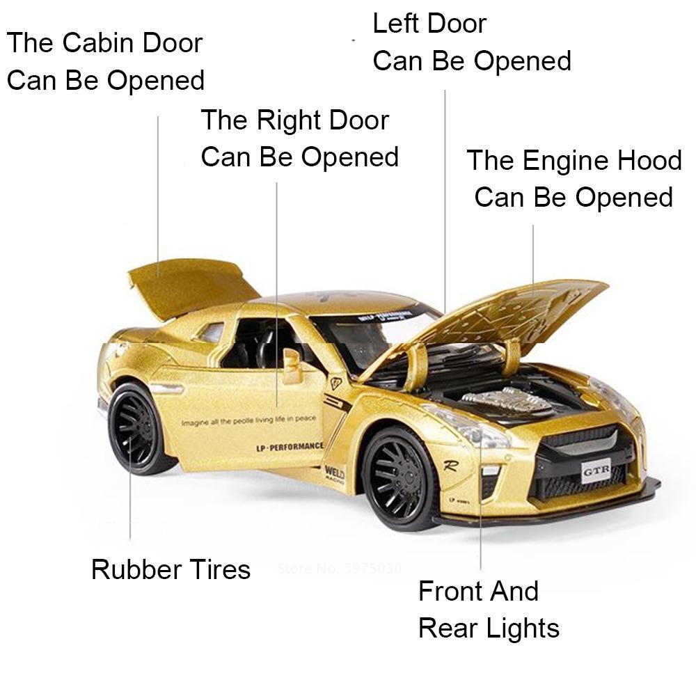 APU1  1/32 Scale Alloy Diecast Nissan GTR Sport Car Model Toy Doors Opend Pull Back Sound Music Miniature Vehicle Kid Gifts Collection
