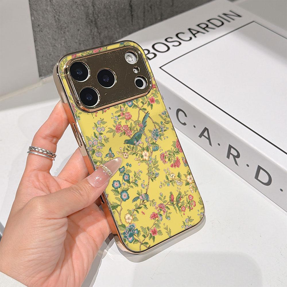 Lucky Start Phone Case For iPhone 17 16 15 14 13 12 11 Pro Max 16E Gold Electroplated Glass Shell Chinoiserie Garden Cover