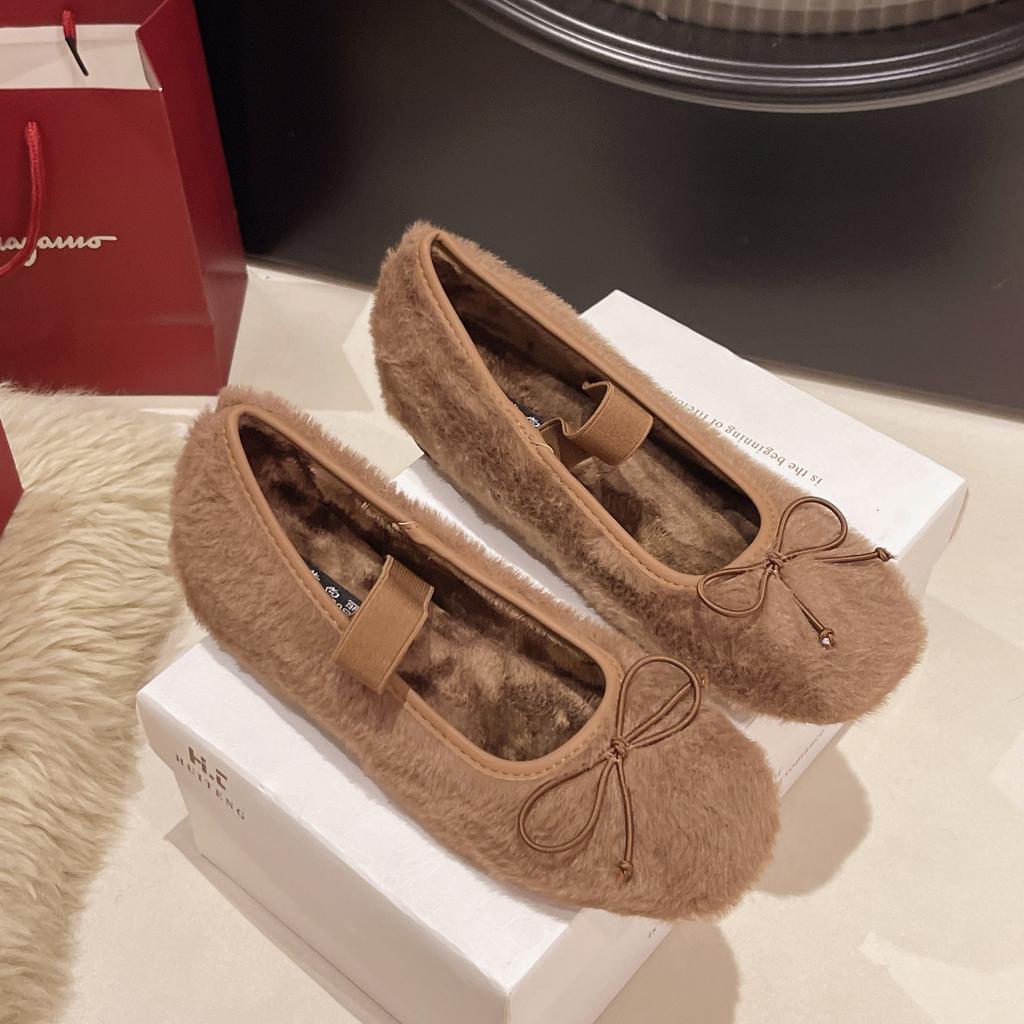Small Man Inner Height Increase 5cm French Ballet Fluffy Shoes Women Wear Velvet Gentle Mary Jane Single Shoes In Winter