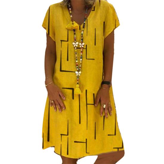 

Винтажное женское сплошное свободное платье длиной до колен с V-образным вырезом и коротким рукавом с принтом XXL жёлтый