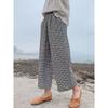 Casual Black and White Plaid Linen Wide-leg Pants Women's Summer New Elastic Waist Loose Nine-point Pants Cotton and Linen Straight-leg Pants