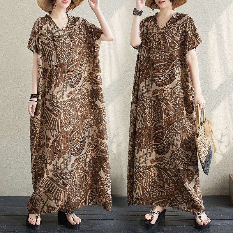 2024 Summer Plus Size V-Neck Cotton Linen Mid-Length Dress - Women's Wide H-Shape Pullover