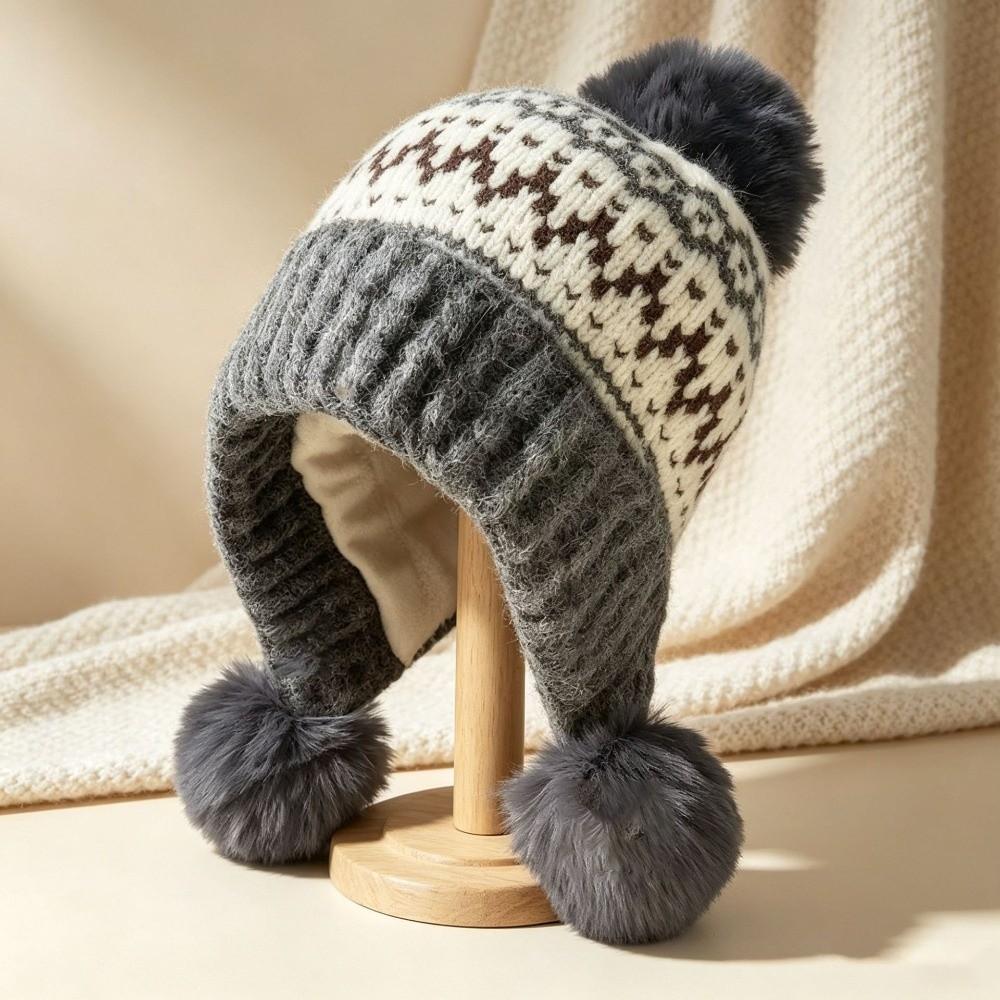 with Pom Poms Ear Flap Knitted Hat Ear Protection Winter Knit Hat Cold Proof Hat For Women