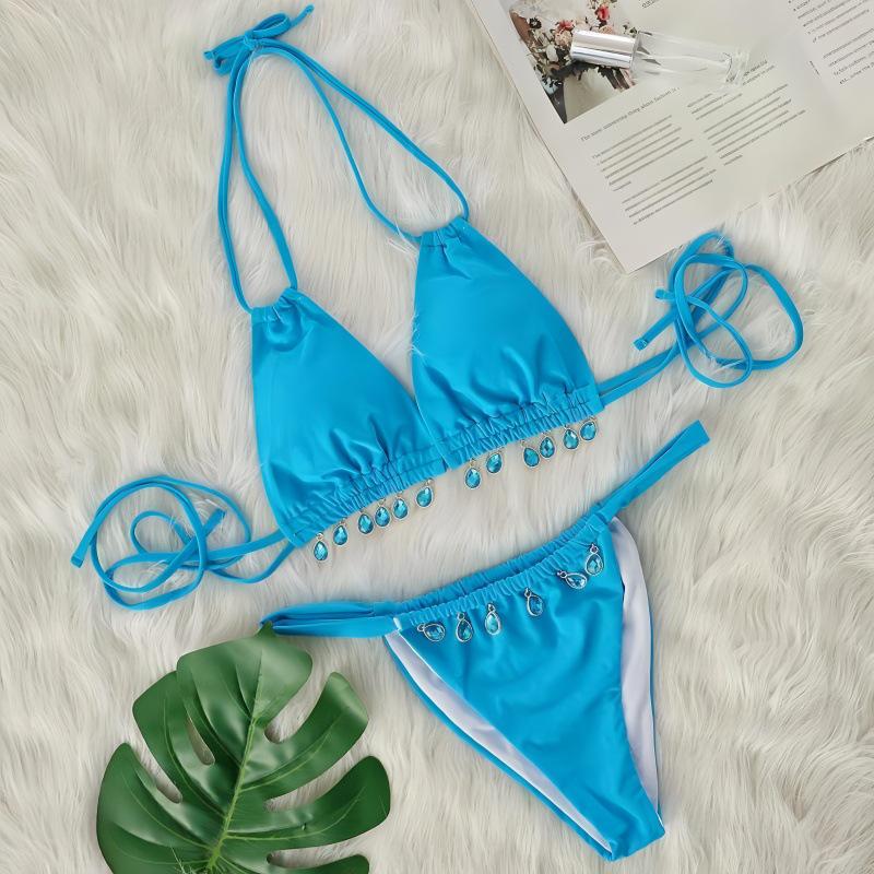 European & American Multi-color Halter Bikini with Rhinestone Pendant - Sleeveless, Bandage Style, and Split Design.