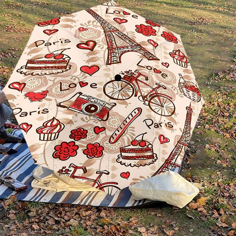 1pc Paris Love Automatic Open/Close Umbrella Compact Folding Umbrella with 8-Rib Shaft for Women/Men, Portable Travel Umbrella,1213S