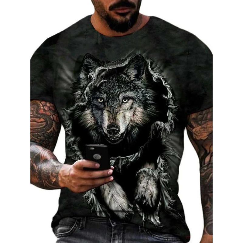 Different Pupil Wolf Print Men's T-shirt Urban Street Fashion Short-sleeved Summer Outdoor Sports Tee