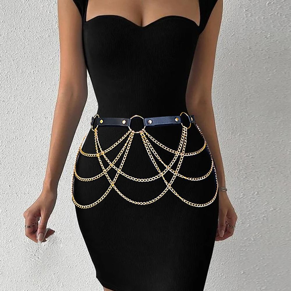 Women Fashion Pu Leather Belly Belt Chain Street Style Belt With Chain Punk Rock Waist Belt Daily Wear Clothing Accessories