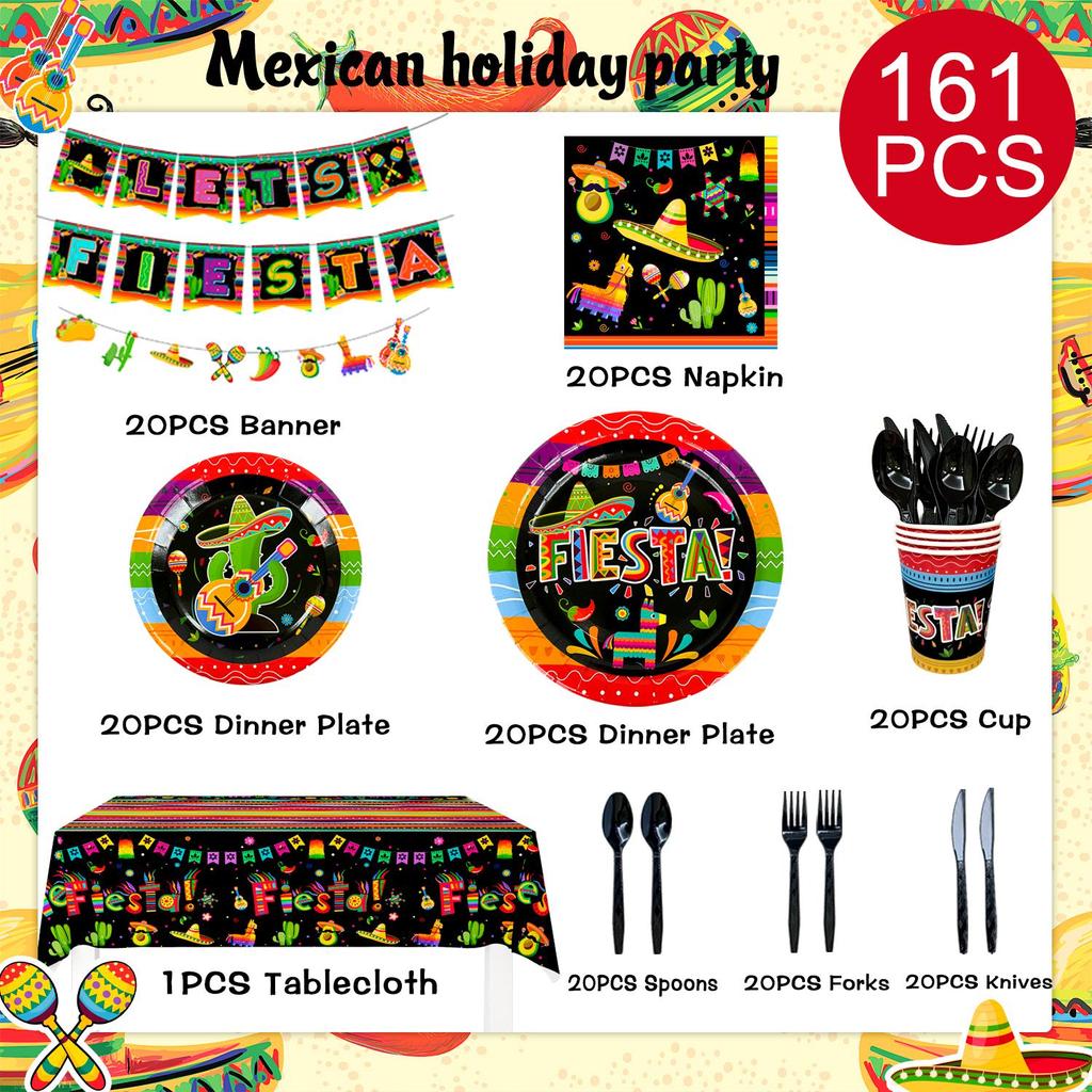 161pcs Mexican Party Paper Tableware Set - Mexican Fiesta Plates Cups Napkins Tablecloth Banner etc Fiesta Party Decorations Tableware