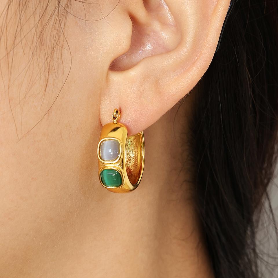 Gold Color Plated Stainless Steel Hoop Earrings for Women Vintage Green Stone Charms Trendy Waterproof Jewelry Gift