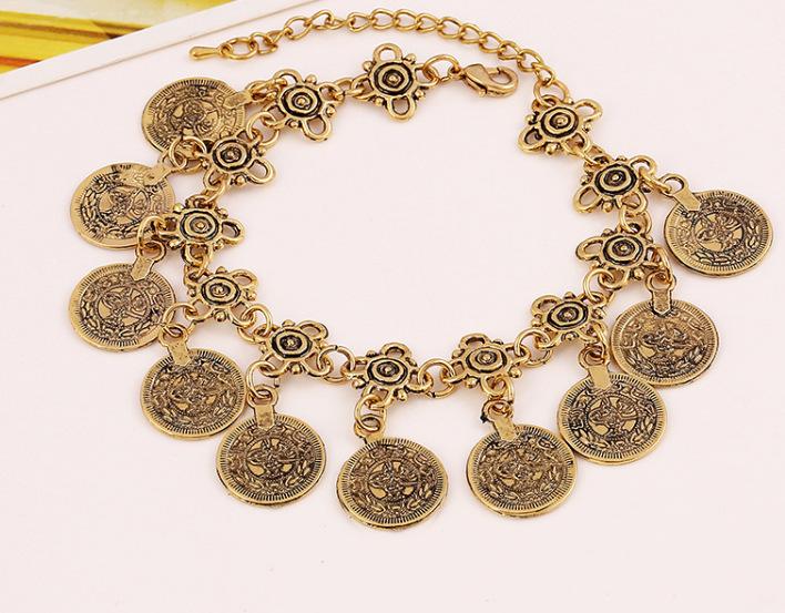 Party Hippy Boho Beach Turkish Jewelry Gold Color Coin Vintage Bohemia Carved Coin Bracelets Bangles for Woman Pulseras