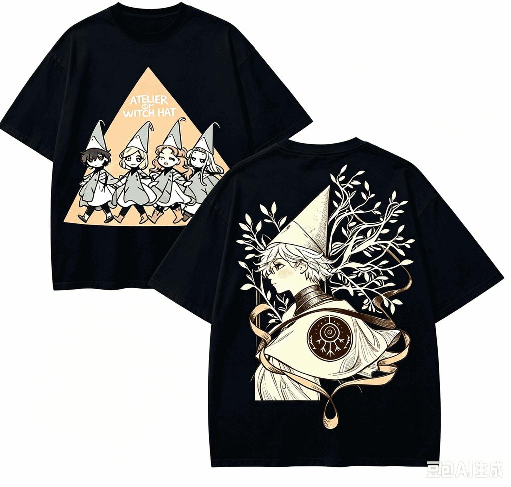 2026 Summer Witch Hat Atelier Tshirt Front Triangle Group Back Glowing Mage Graphic Oversized Cotton Tee For Otaku Fans