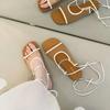 Fashion Summer New Square Toe Open Toe Lace-Up Slippers Fashion Shallow Mouth Roman Breathable Mesh Flat Sandals Women