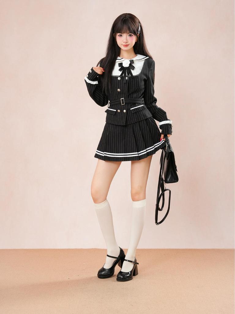 Women's Double-Breasted Black Striped Jacket & Pleated Skirt Set - Japanese Academy Style, Autumn/Winter Collection