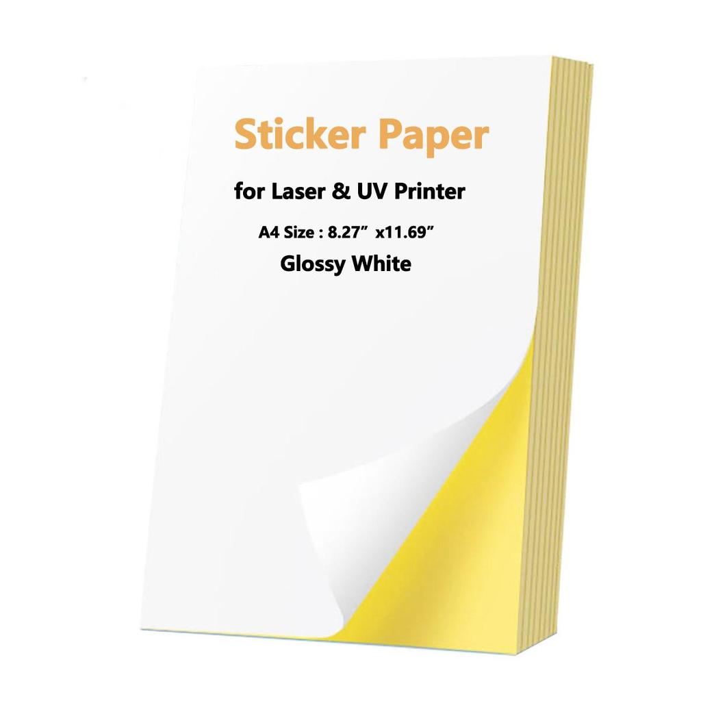Printable Sticker Paper Glossy White 50 Sheets 8.5"x11" for Inkjet & Laser Printer, Dries Quickly Sticker Paper Self-Adhesive