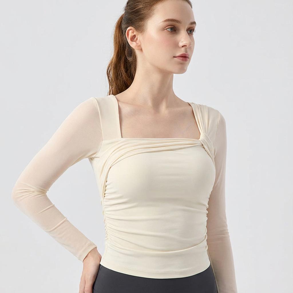 Women's Padded Long Sleeve Yoga Shirt, Crop Top, Sexy Mesh Gym Shirt, Running Workout T-shirt, Fitness Sports, Pilates Wear