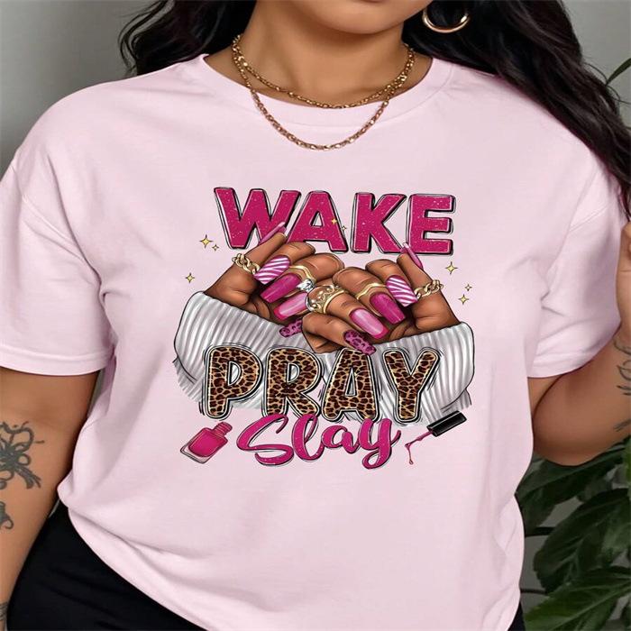 

Summer Round Neck Nail Art Pattern Printed Top Fashionable Casual Pure Cotton Short Sleeved Women s T-shirt S чёрный