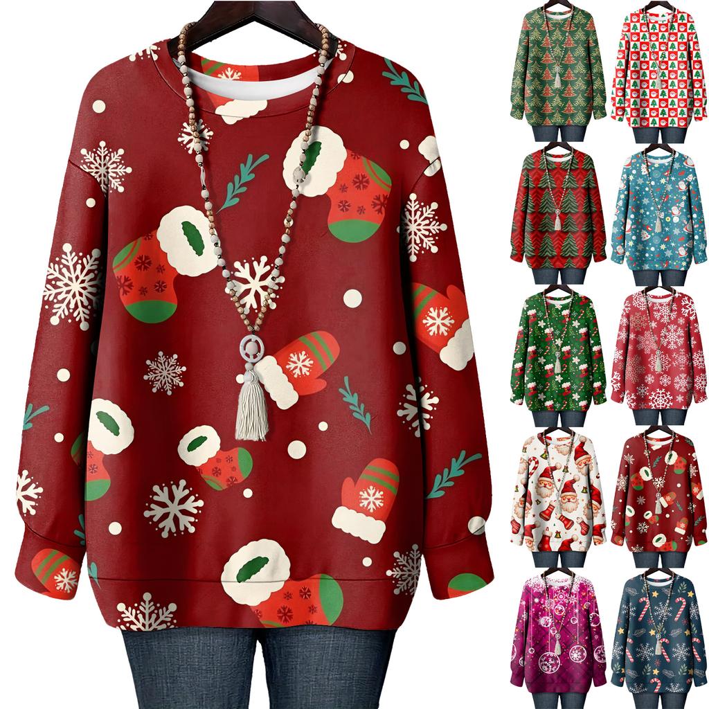 Ladies' Christmas Printed Round Neck Long Sleeved T-shirt Sweatshirt Top