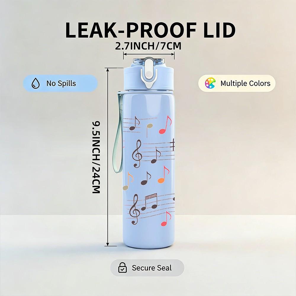 1PC Vintage Music Sheet Note Print 750ml Color Plastic Sports Water Bottle Leakproof Flip Straw Lid Suitable for Sports Office Home Use