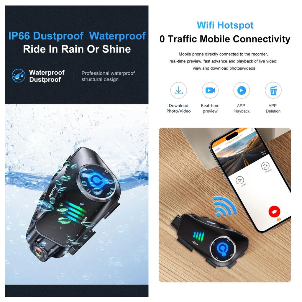 Q28 Kask motocyklowy Zestaw słuchawkowy Bluetooth i Kamera Bezprzewodowa HD 1080P Super Szerokokątny Obiektyw Wodoodporny Rejestrator Wideo WiFi Moto Jazda Narciarstwo Rejestrator