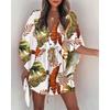 Mini Abito Casual Estivo con Coulisse e Laccetti Stampa alla Moda Maniche a Pipistrello Abito da Spiaggia Sexy Bottoni Scollatura a V Copricostume da Donna per Feste