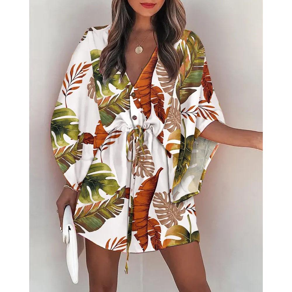 Mini Abito Casual Estivo con Coulisse e Laccetti Stampa alla Moda Maniche a Pipistrello Abito da Spiaggia Sexy Bottoni Scollatura a V Copricostume da Donna per Feste