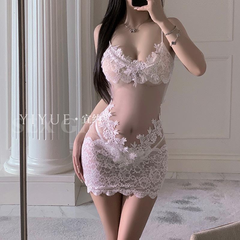 Erotic Lingerie, Sexy and Pure Desire, Halter Lace Pajamas, Large See-through Seductive, Hip-hugging, No-take Sleeping Dress 1327