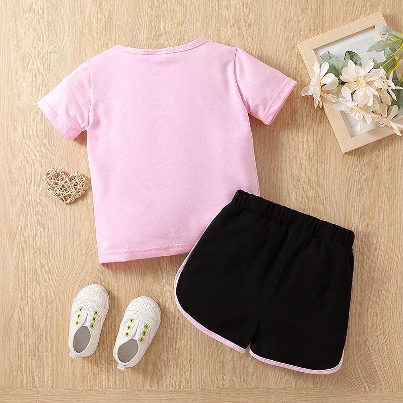Girls Summer 2Pcs Outfit Cute Cartoon Print Crew Neck Short Sleeve Top and Shorts Set