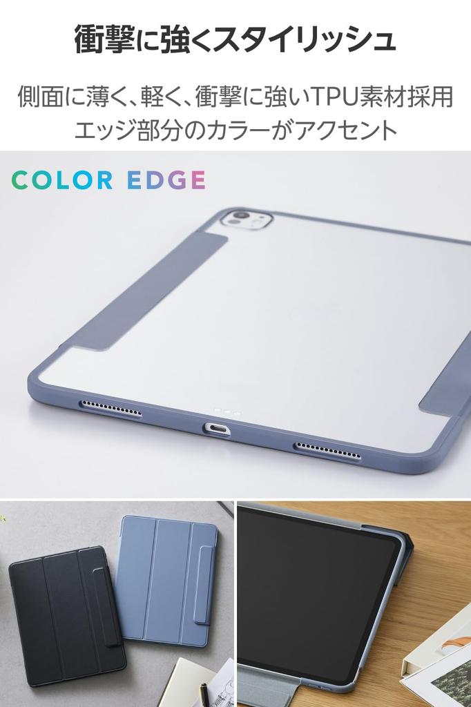 ELECOM iPad Pro Flap TPU Clear 13-inch (M4) Case, Case, Shock-Resistant Material, Thin, Lightweight, Back, Blue-Gray Frame, TB-A25PLWVFCBG