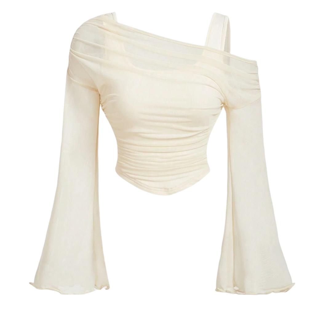 Women’s Ruched Mesh Long Sleeve Short Top Asymmetrical Neckline Fitted Blouse with Sheer Flared Sleeves for Daily Wear