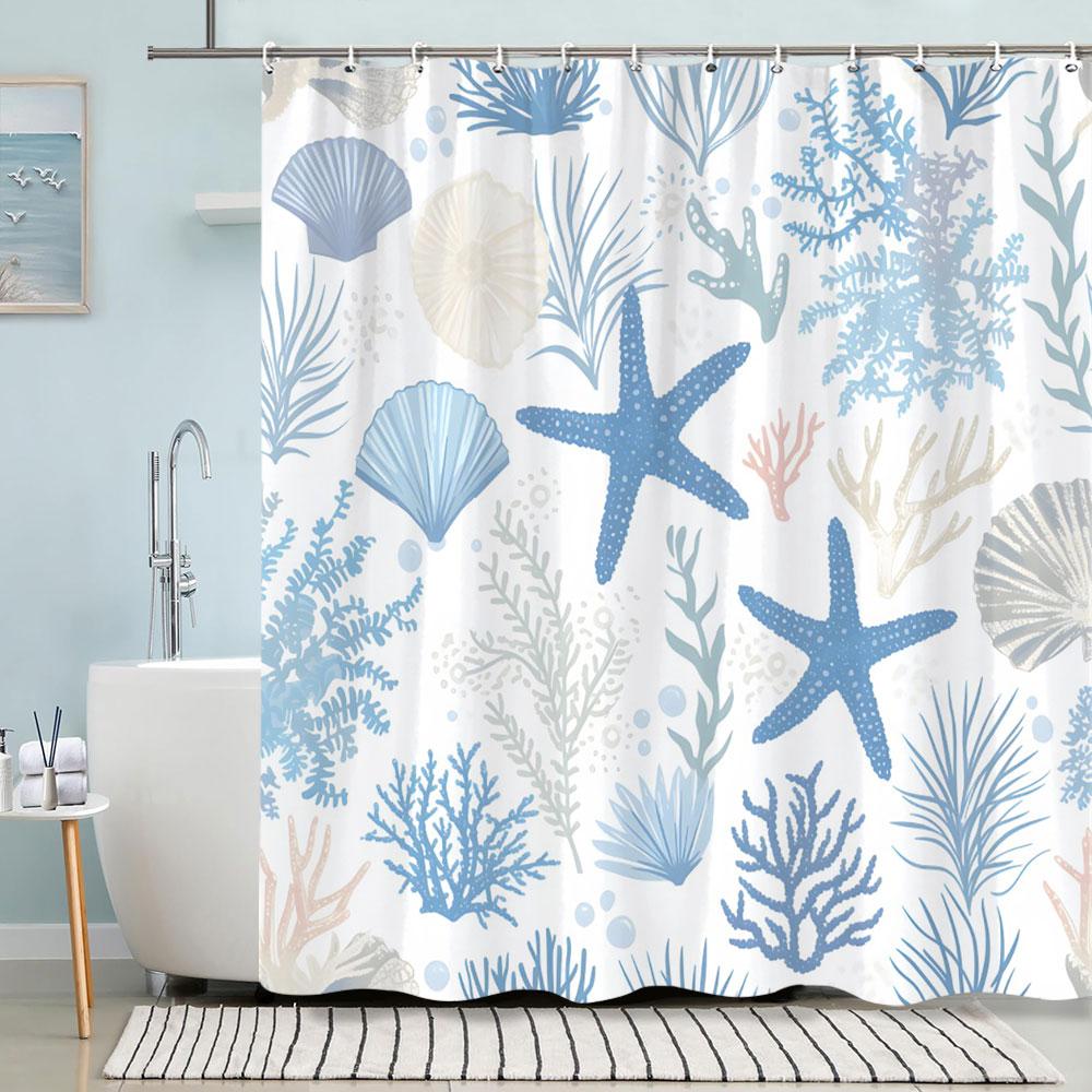 Turtle Shower Curtain Summer Beach Anchor Nautical Starfish Watercolour Art Creative Polyester Shower Curtains Bathroom Decor