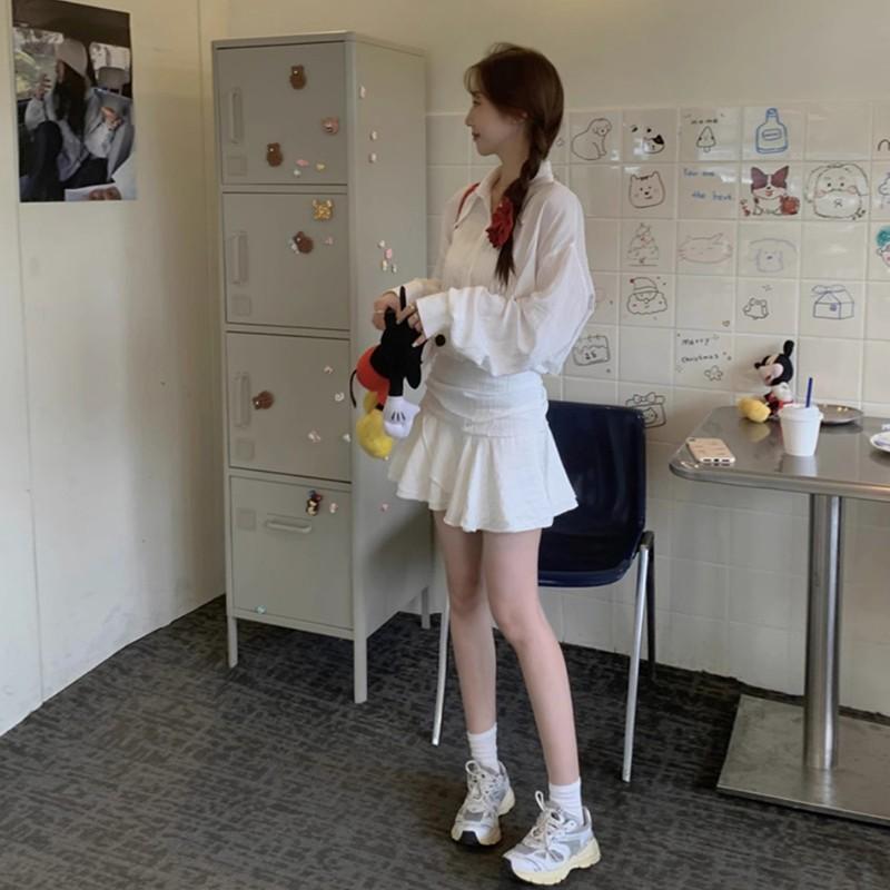 French white shirt dress women's early autumn new temperament high-end waist ruffle edge short skirt