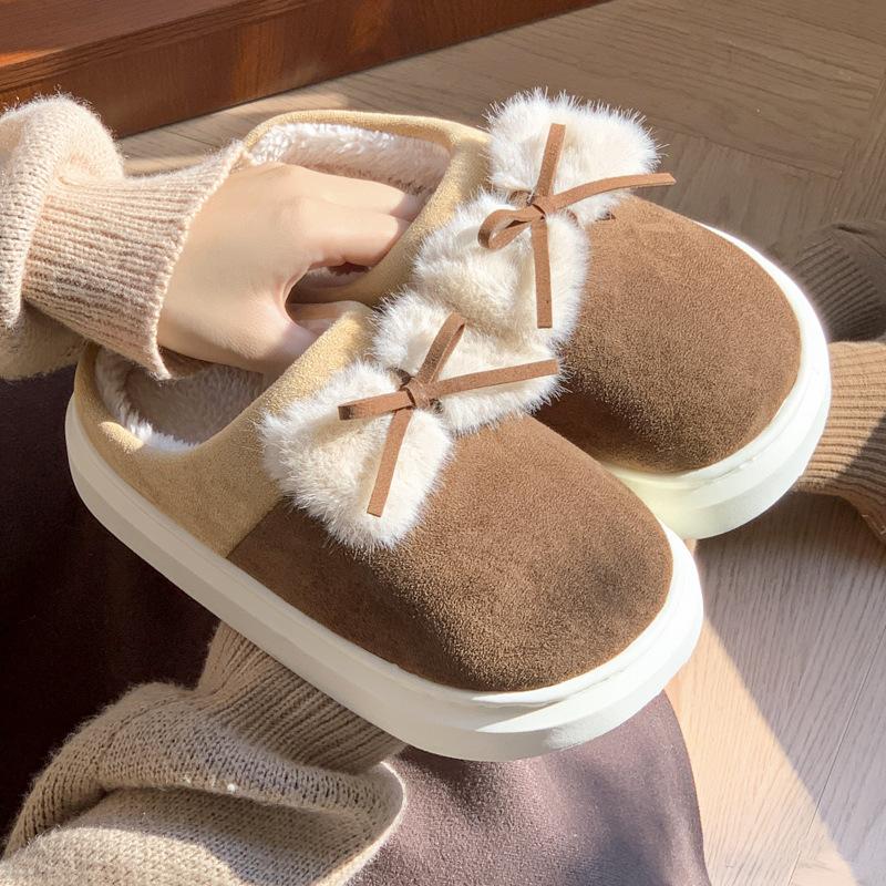 2025 new cotton slippers winter home indoor velvet bow cute student dormitory warm cotton mop
