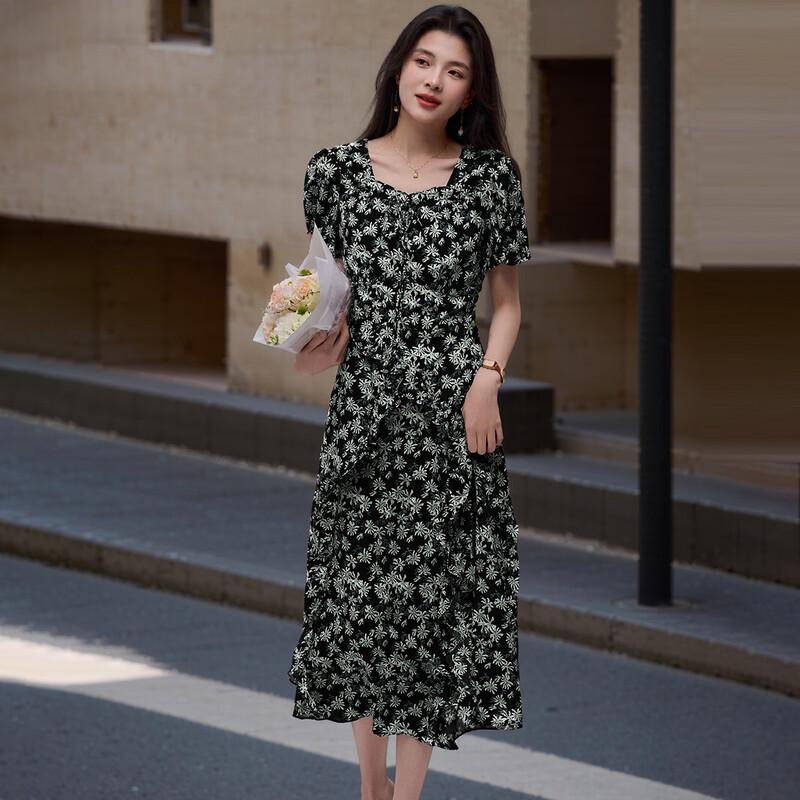 Sanpowa Women s French Floral Slit Midi Dress M