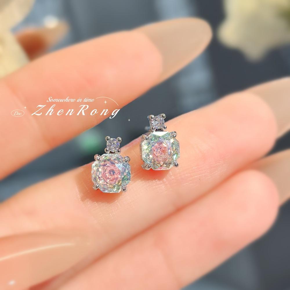 Women Jewelry Set Octagon Rose Cut Necklace Pendant with High Carbon Diamond Red Earrings Pink Ring