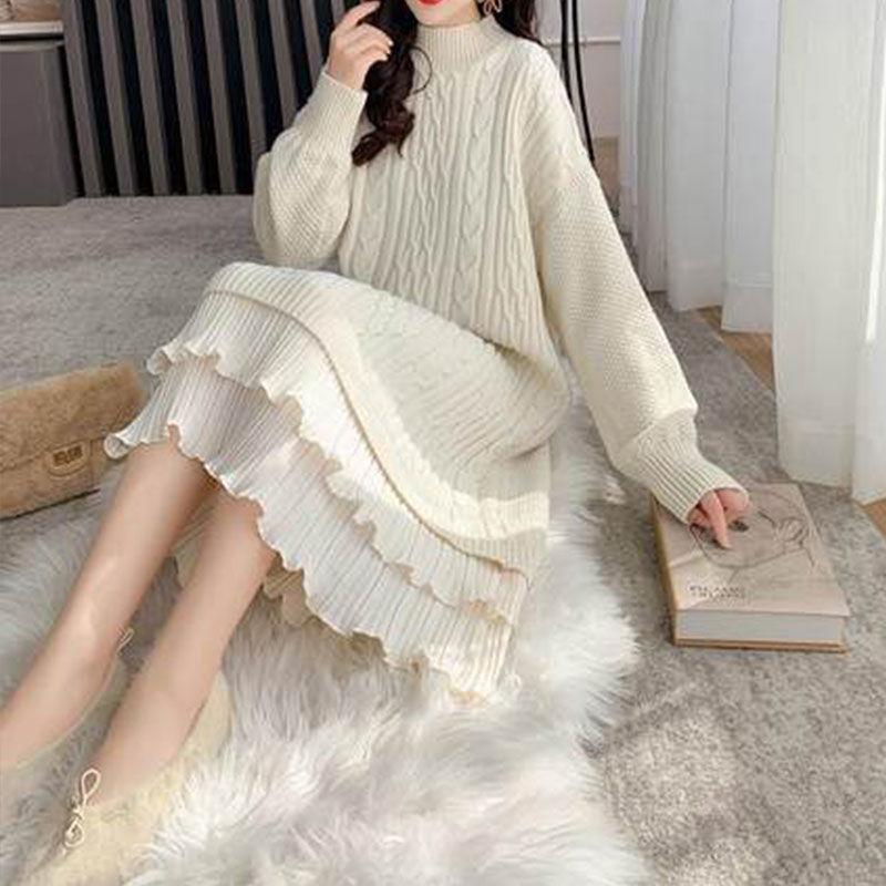 Hrubé vlněné šaty s fleecovou podšívkou: Zeštíhlující, Volný střih, Podzimní/Zimní styl, Perfektní ke kabátům, Pletený krajkový design.