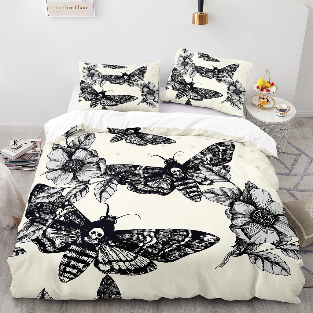 Death Moth Duvet Cover Set Queen Size Gothic Skull Boho Comforter Cover Black And White Skeleton Decorative Soft Bedding Set