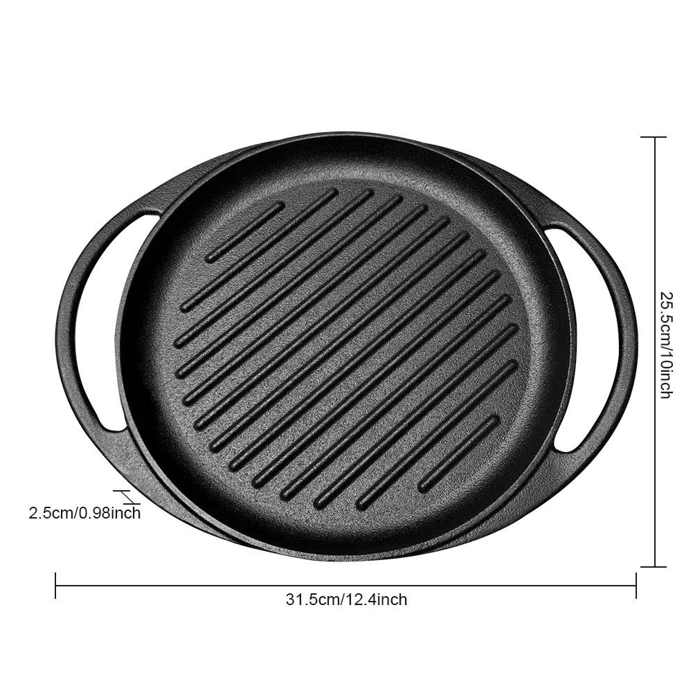 10 Inch Cast Iron Grill Pan Round Frying Pan Non-Stick Skillet Pan with Dual Handles for Open Fire and Gas Stoves