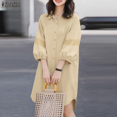 Vestido feminino casual gola virada para baixo solto manga 3/4 camisa
