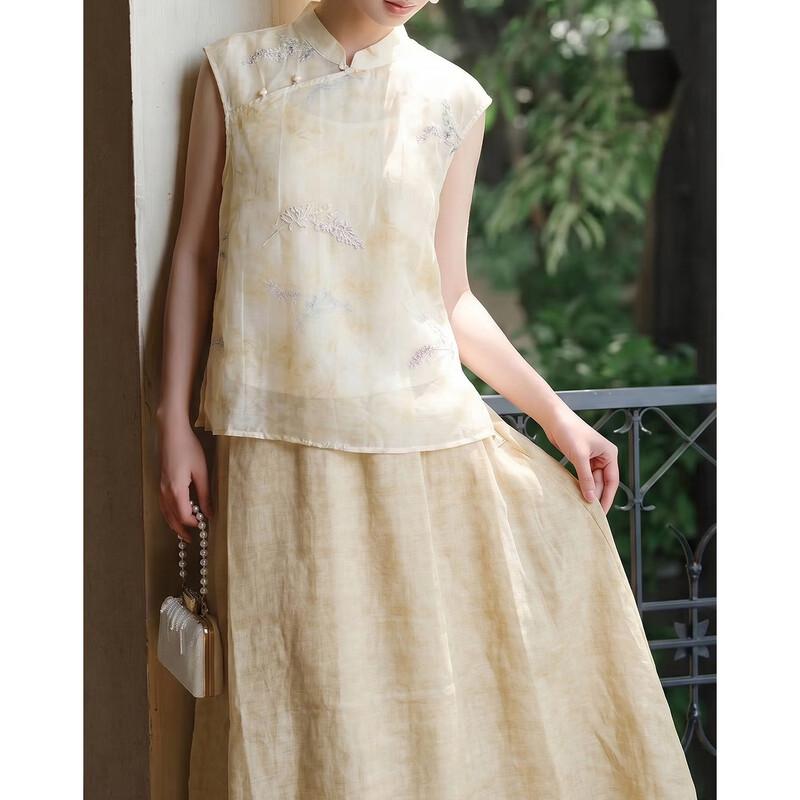 Demana Women's Summer Chinese Style Embroidered Linen Blend Set
