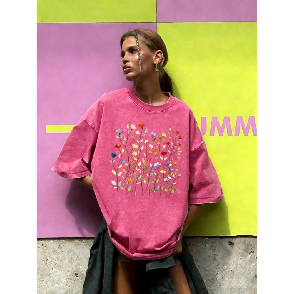 Beautiful Watercolor Flowers Printed Washed T-Shirt Women Casual Cotton T Shirt Y2K Tops Summer Loose Streetwear