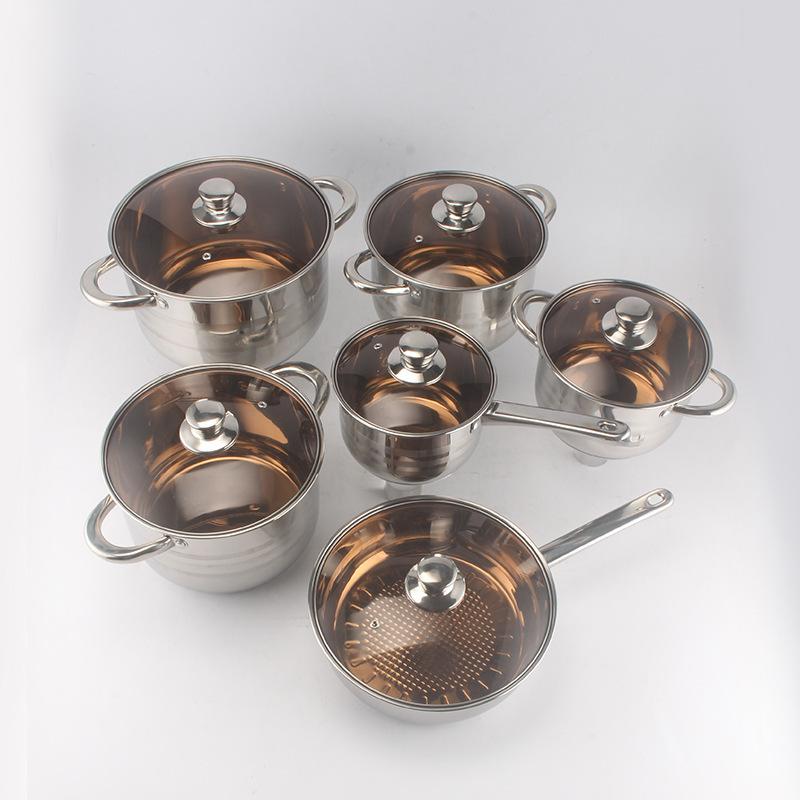 12/14pics Wholesale Kitchenware Saucepan Cooking Pots Sets Nonstick Cookware Pots and Pans 210 Stainless Steel Cookware Set