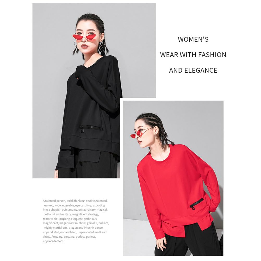 Morino Long Sleeve Asymmetrical Top with Zipper Design and Loose Unique Street Adult Fashion for Spring and Fall Women's Pockets, Fit, Style, (Black)