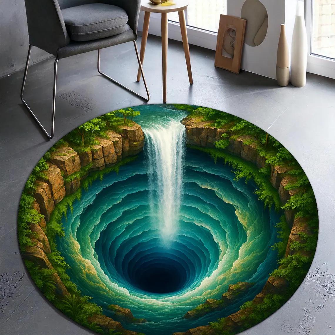 

Круглий килим з 3D ілюзією водоспаду, килим з оптичною глибиною печери, декор для підлоги натхненний природою для вітальні, спальні, килимок для медитації 80x80cm