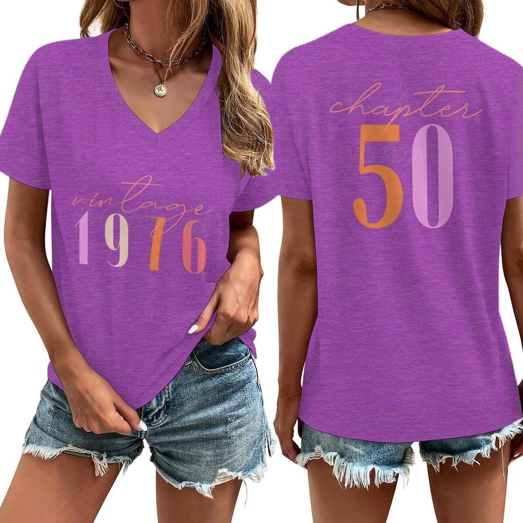 Damska Koszulka z Nadrukiem V-Neck Vintage 1976 Rozdział 50 50. Urodziny Krótki Rękaw Graficzna Koszulka Damska Edycja Limitowana Koszulka 1976
