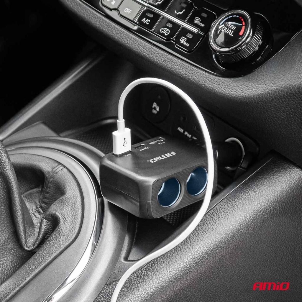 Adattatore presa accendisigari con caricatore 2x USB-A 1x USB-C 12V 24V 100W 180° AMIO-04357