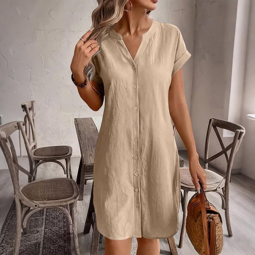 Women Casual Linen Cotton V Neck Short Sleeve Button Front Loose Fit Dress Lightweight Summer Tunic Dress with Pockets
