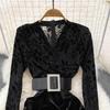 New Autumn Celebrity Temperament V Neck High Waist Dress with Bronzing Printing Fold Stitching and False Two Bag Hip Design